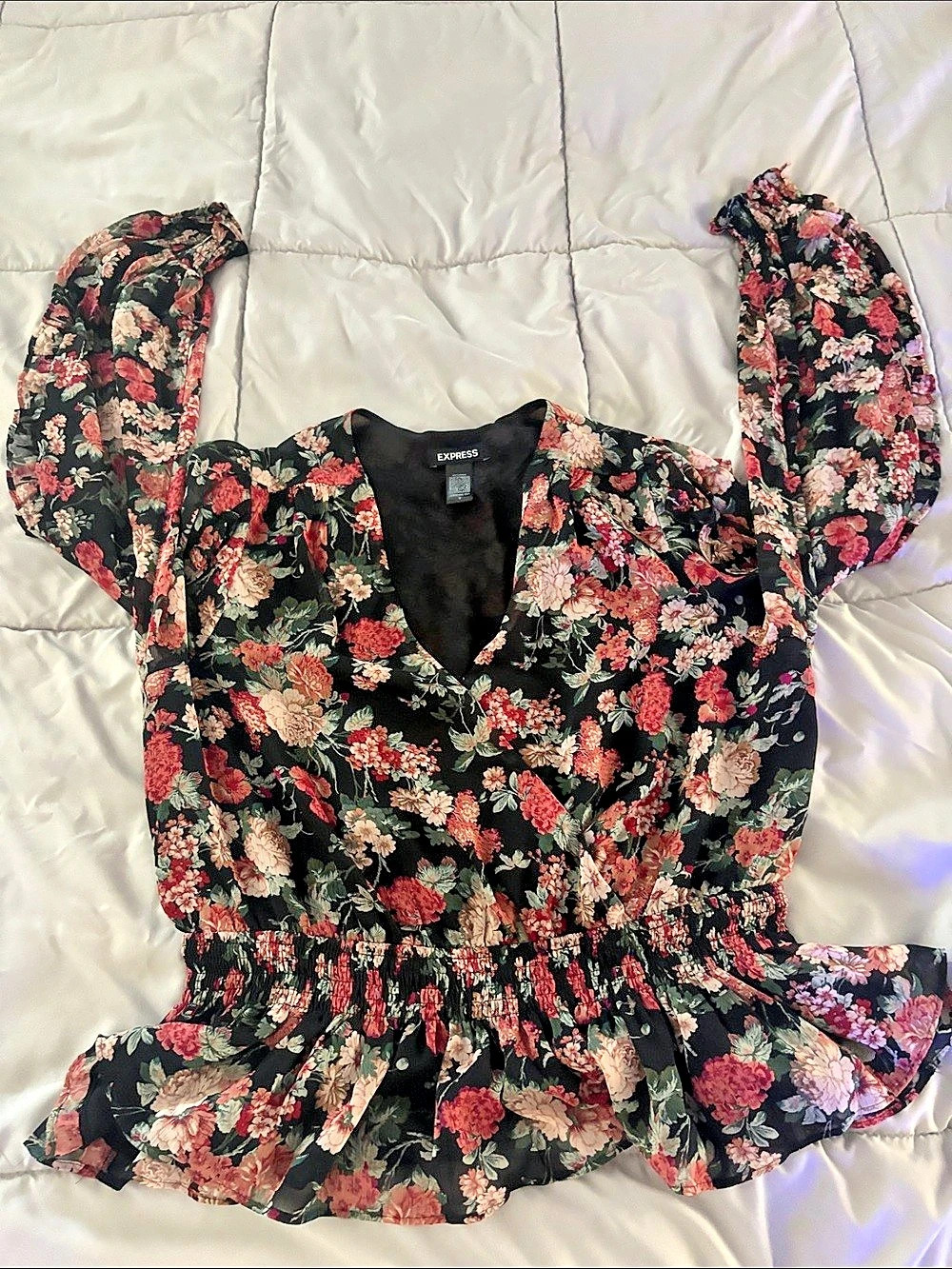 Express Floral Smocked Waist Surplice Blouse Black & Pink Medium